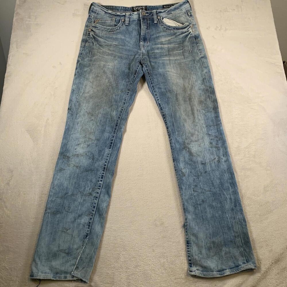 Salvage Buckle Anarchy Relaxed Straight Jeans 34x36 Thick Stitch Embroidered‎